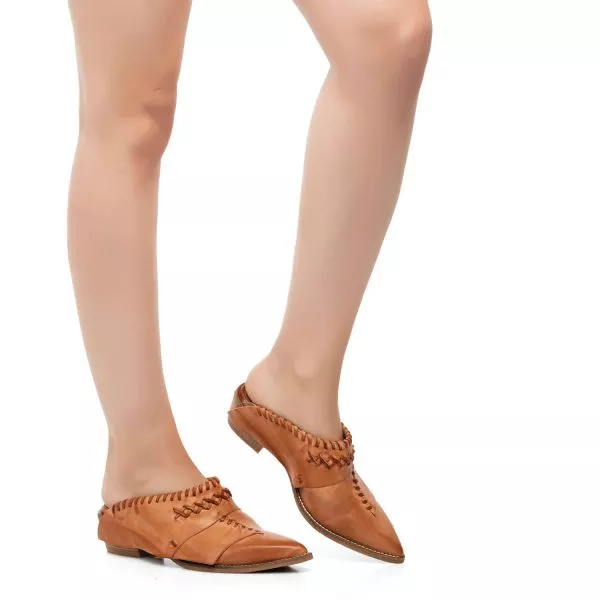 Taupe M01 Deena Leather Pointed Mule Shoes