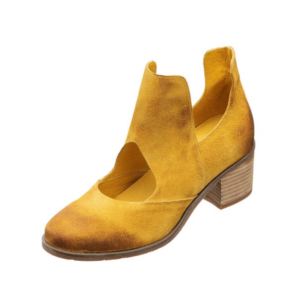 n47 cage women's suede heel booties in mustard color
